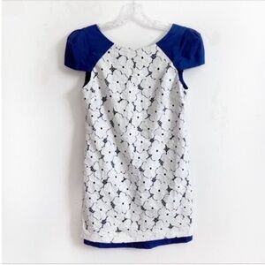 Tibi shift dress white blue lace floral cap sleeves silk mini